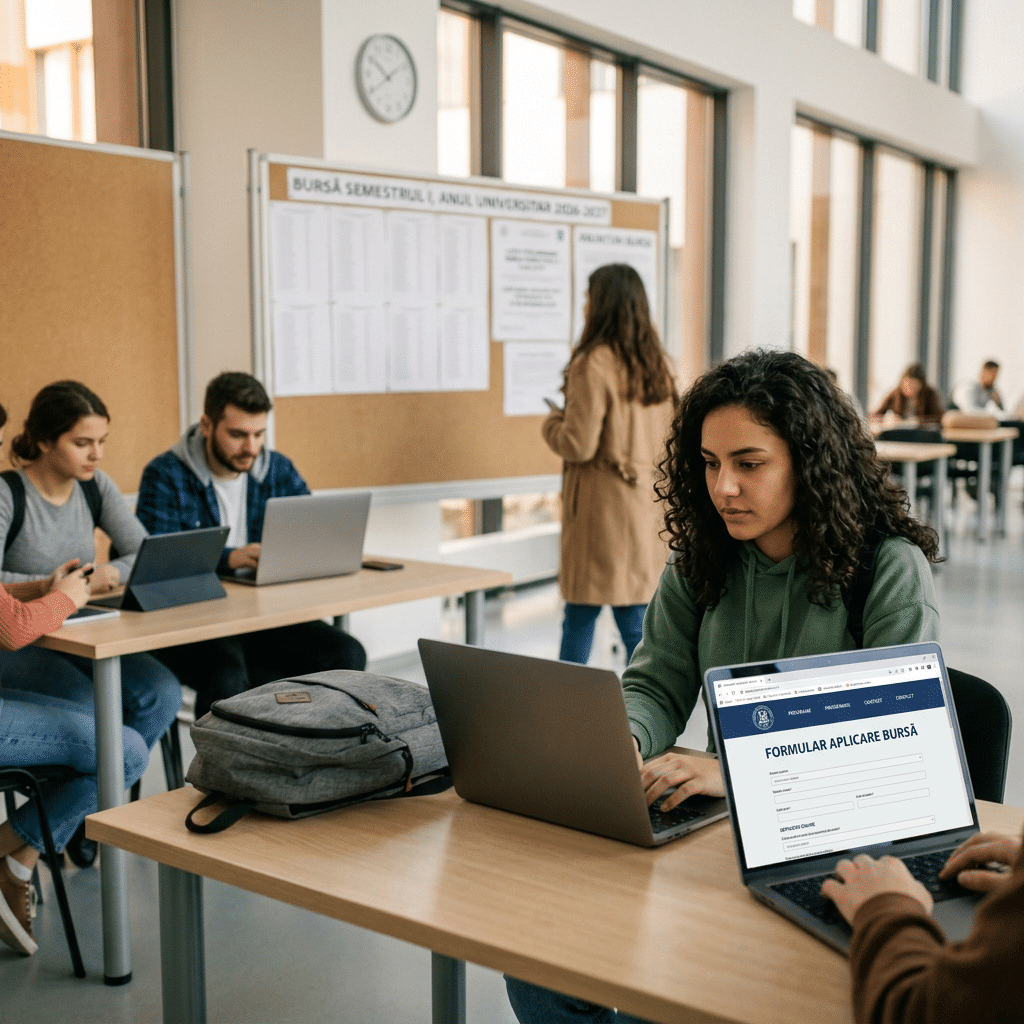 Students completing scholarship applications; laptop reads “FORMULAR APLICARE BURSĂ.”